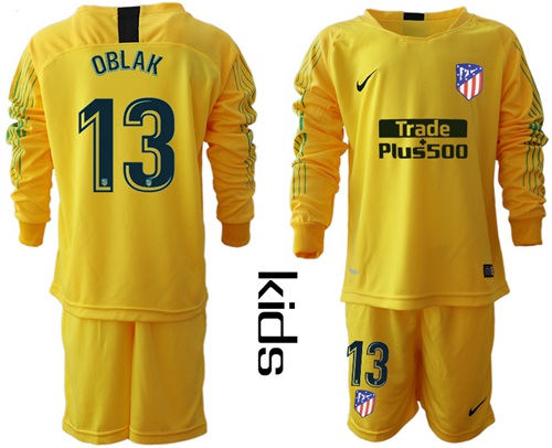 Atletico Madrid #13 Oblak Yellow Goalkeeper Long Sleeves Kid Soccer Club Jersey